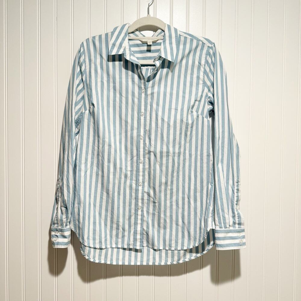 Garnet Hill Blue Striped Classic Cotton Button Up Shirt Minimalist Size 4 - Picture 1 of 5
